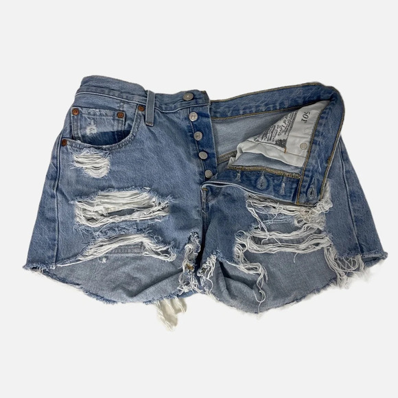 Levi’s Women’s 501 Jean Shorts Denim Ripped Button Fly Size W28 Faded Blue - Picture 4 of 13